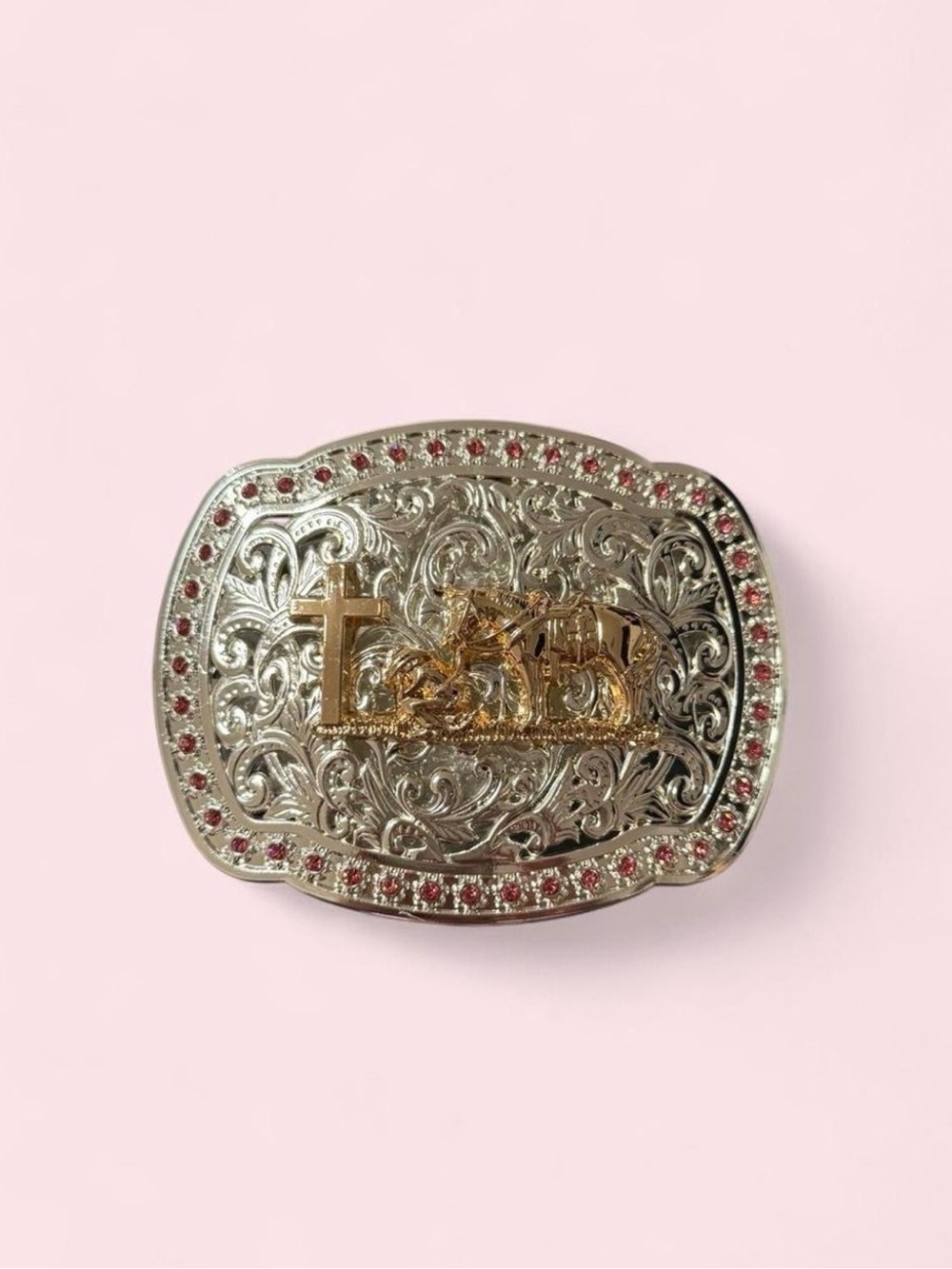 Embellished Silver-Tone Western Cross & Horse Belt Buckle - Pink Accent